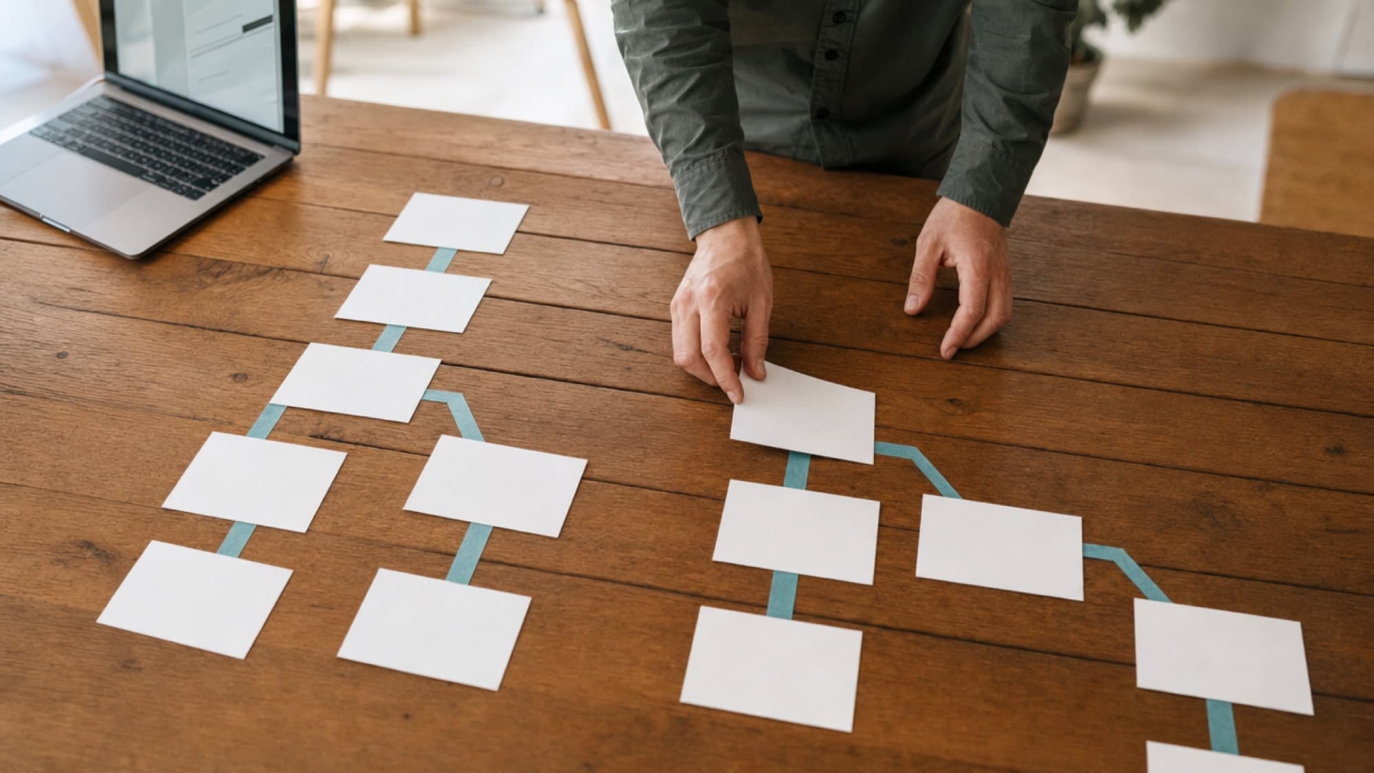 Hands arranging index cards into a branching flow connected by teal tape