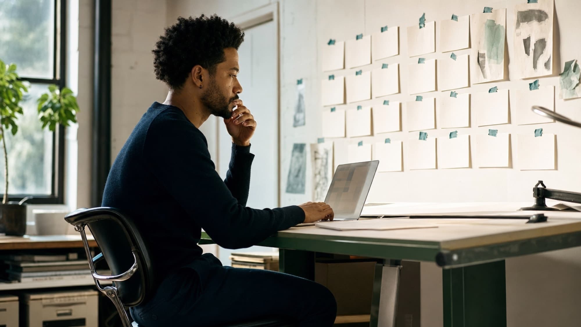 A man works through a plan at his desk, a neat grid of cards taped to the wall beside him
