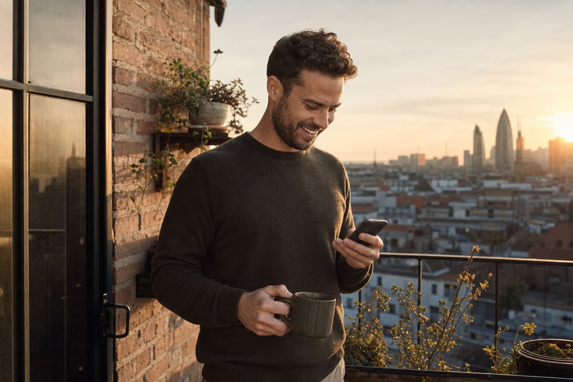 A man on a porch with coffee, reading something thoughtful on his phone