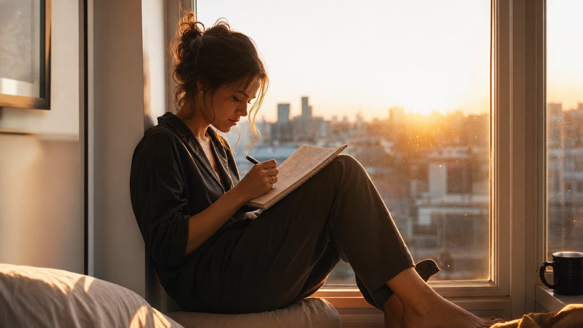 A woman writing fast in a notebook on a window seat at sunrise